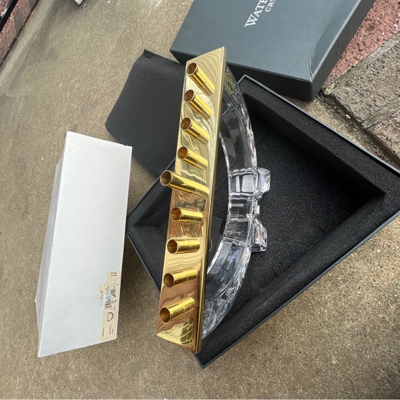 Waterford MENORAH Laurel Leaf Crystal & Polished Brass Hanukkah Judaica New Box - Picture 2 of 8